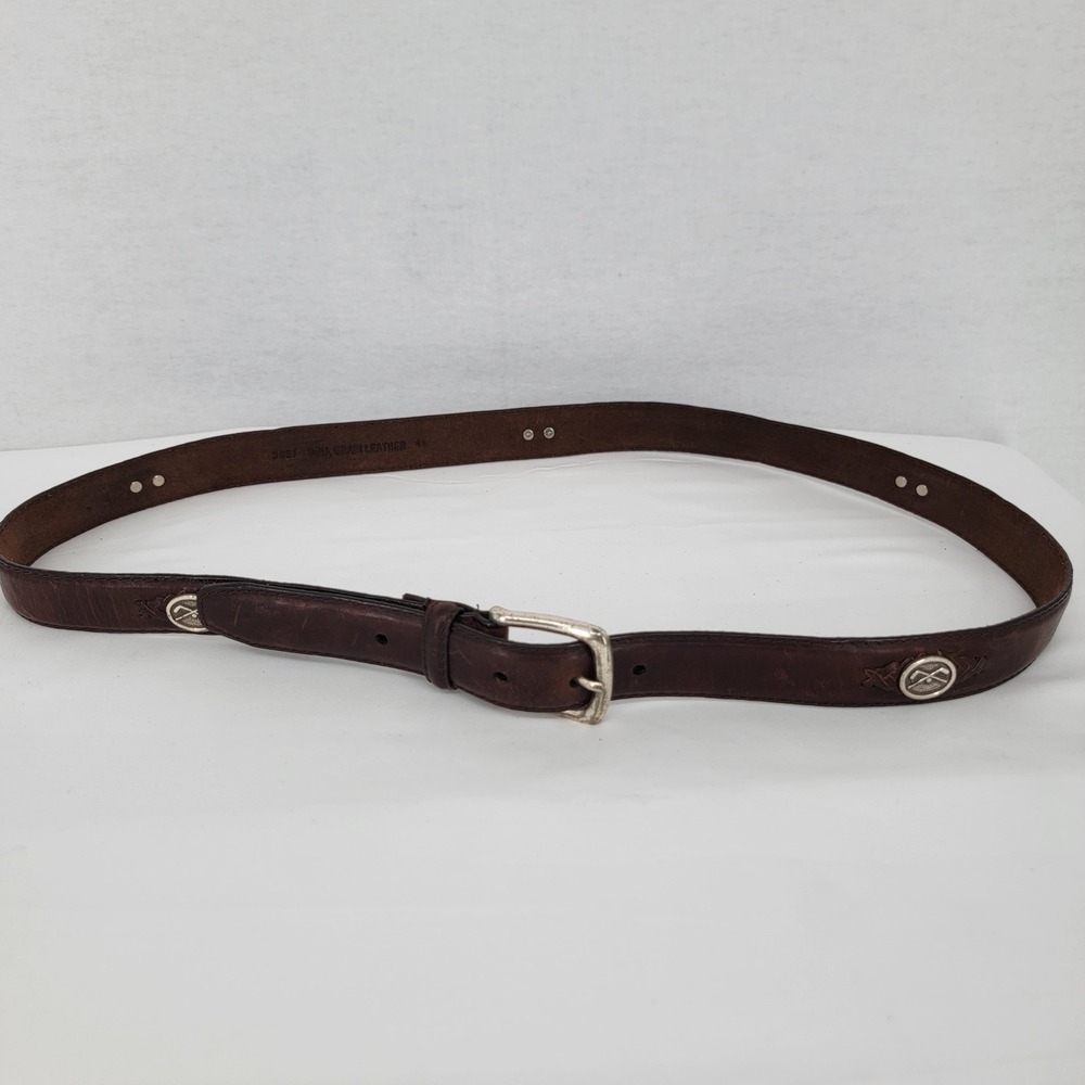 Mens Brown Full Grain Leather Golf Belt with Silver Tone Club Medallions Size 44